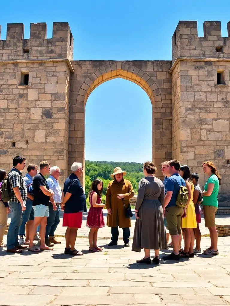 A picture of a guided tour group listening attentively to a historian explaining the significance of the Porte Royale.