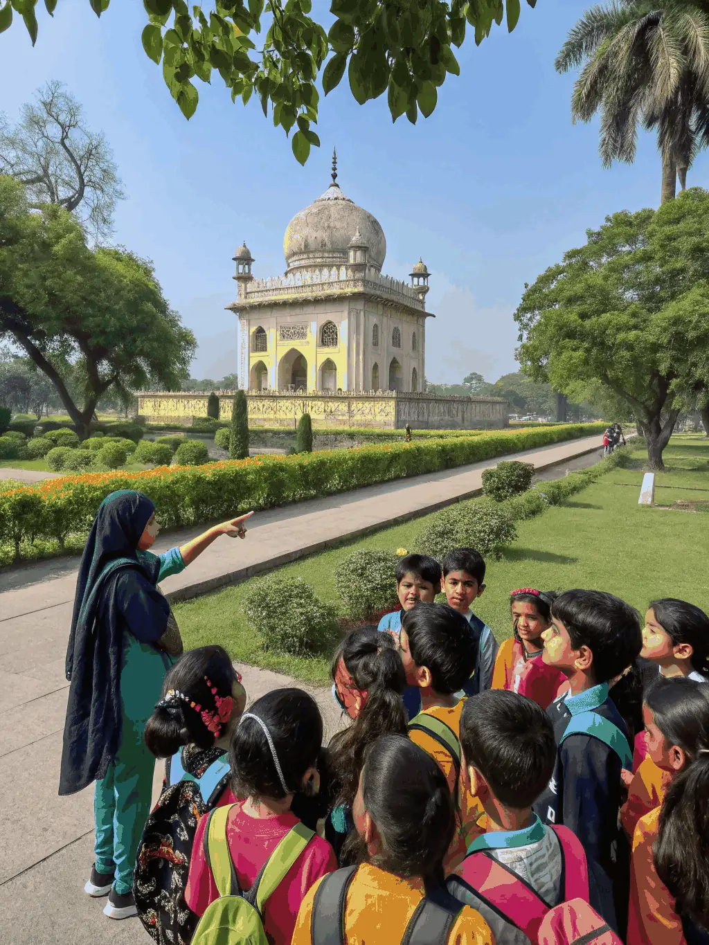 A vibrant image of a group of children participating in an educational tour of the Porte Royale, led by a knowledgeable guide.