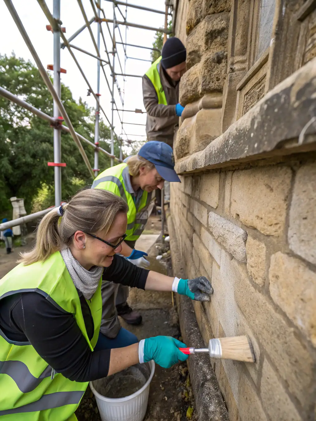 A photograph showcasing volunteers working on the restoration of a section of the Porte Royale, focusing on the intricate stonework and historical details.