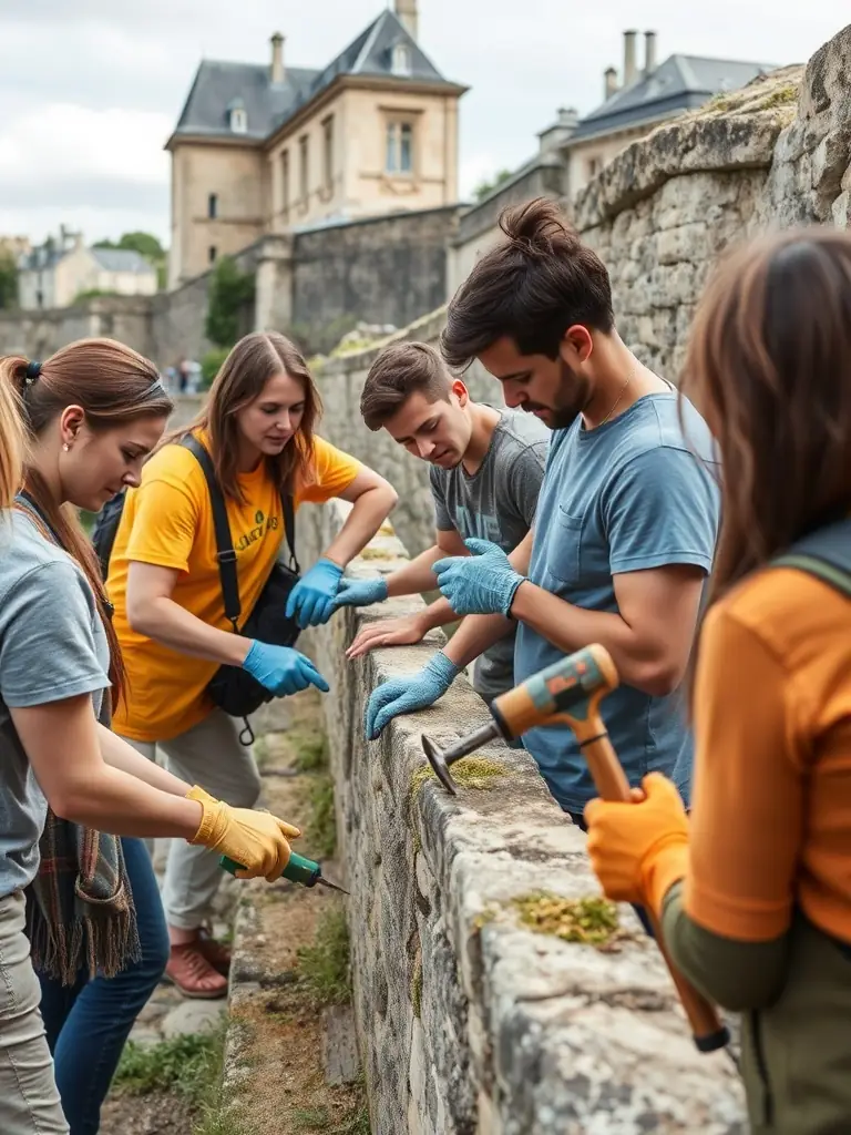 A photograph depicting volunteers meticulously cleaning and restoring a section of the Porte Royale's stonework, showcasing the hands-on preservation efforts.